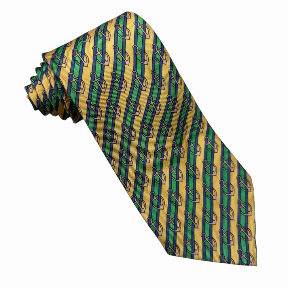Hermes Tie Nautical Anchors Striped Yellow/Blue/Green Silk 7027 TA 3.5" x 56.25" - Picture 2 of 4